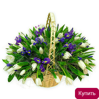 Тюльпаны и ирисы в корзине
